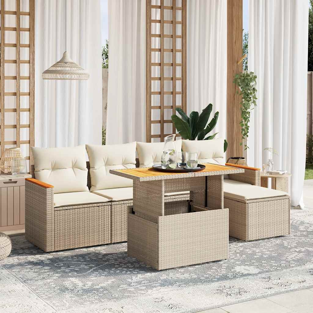 6-delige Loungeset met kussens poly rattan beige