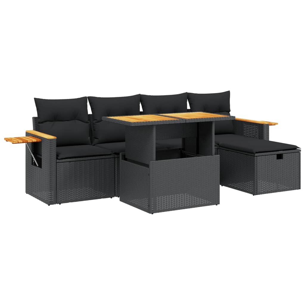 6-delige Loungeset met kussens poly rattan zwart