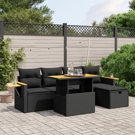 6-delige Loungeset met kussens poly rattan zwart