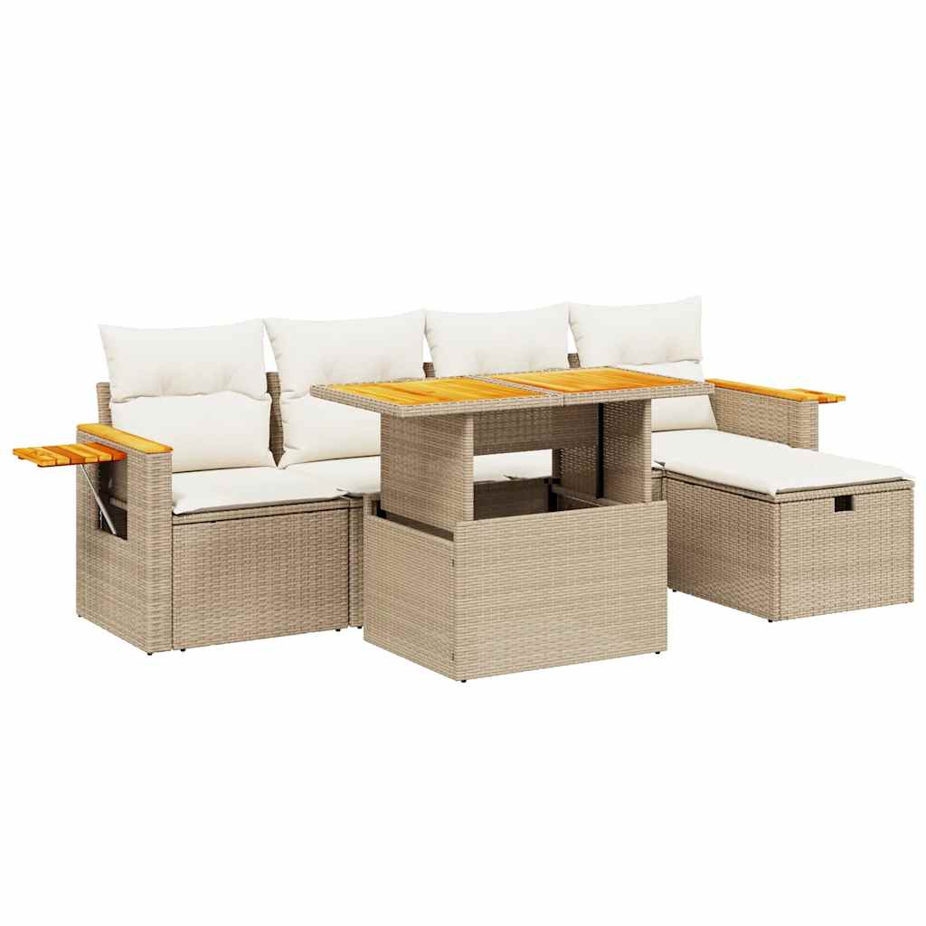 6-delige Loungeset met kussens poly rattan beige