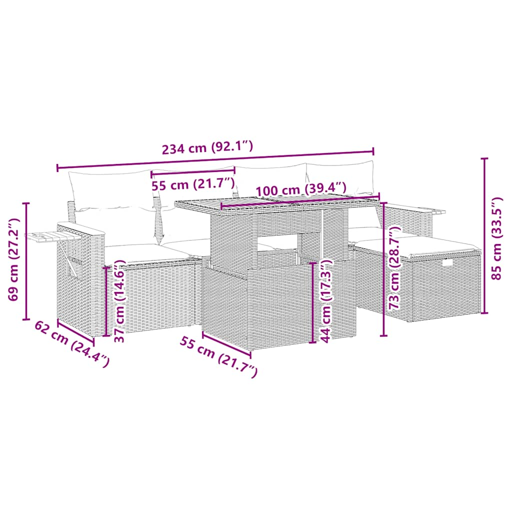 6-delige Loungeset met kussens poly rattan beige