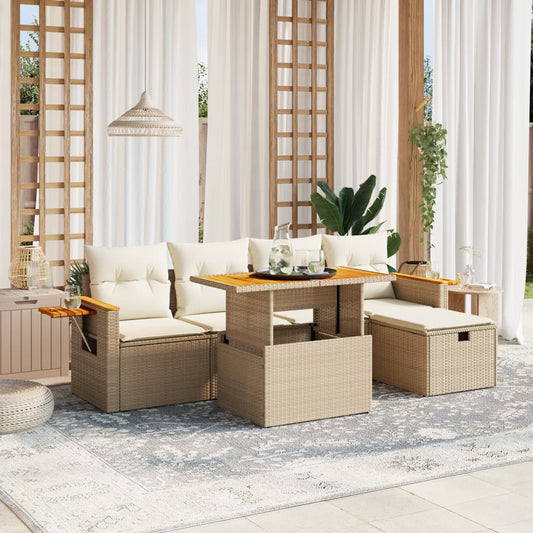 6-delige Loungeset met kussens poly rattan beige