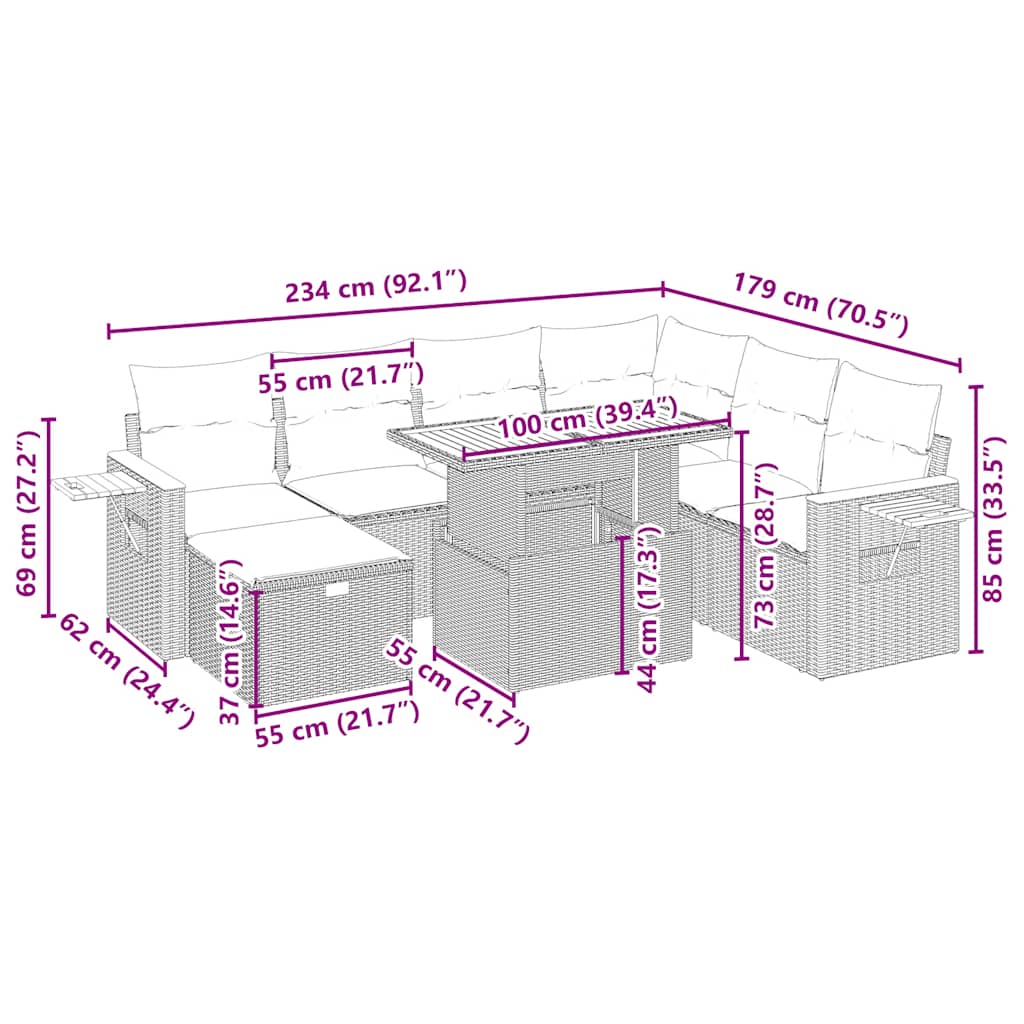 8-delige Loungeset met kussens poly rattan beige