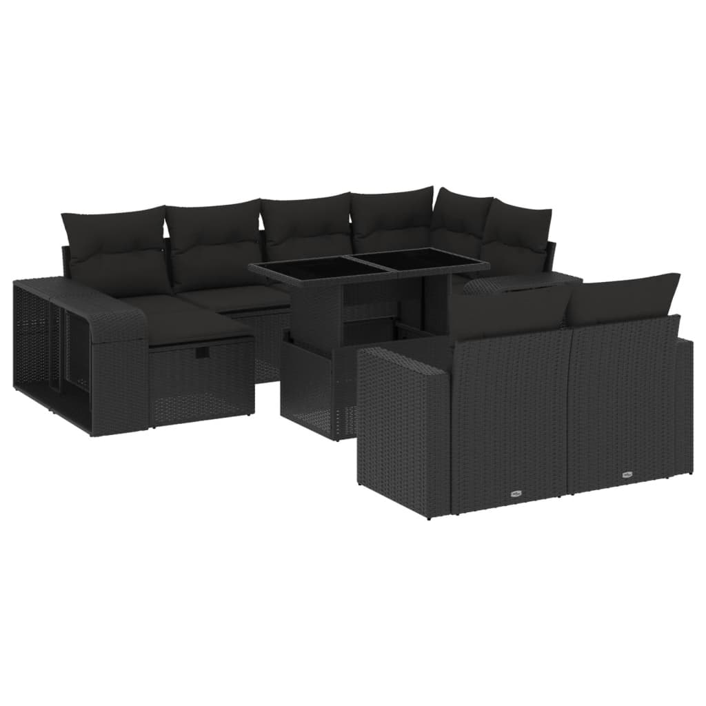 11-delige Loungeset met kussens poly rattan zwart