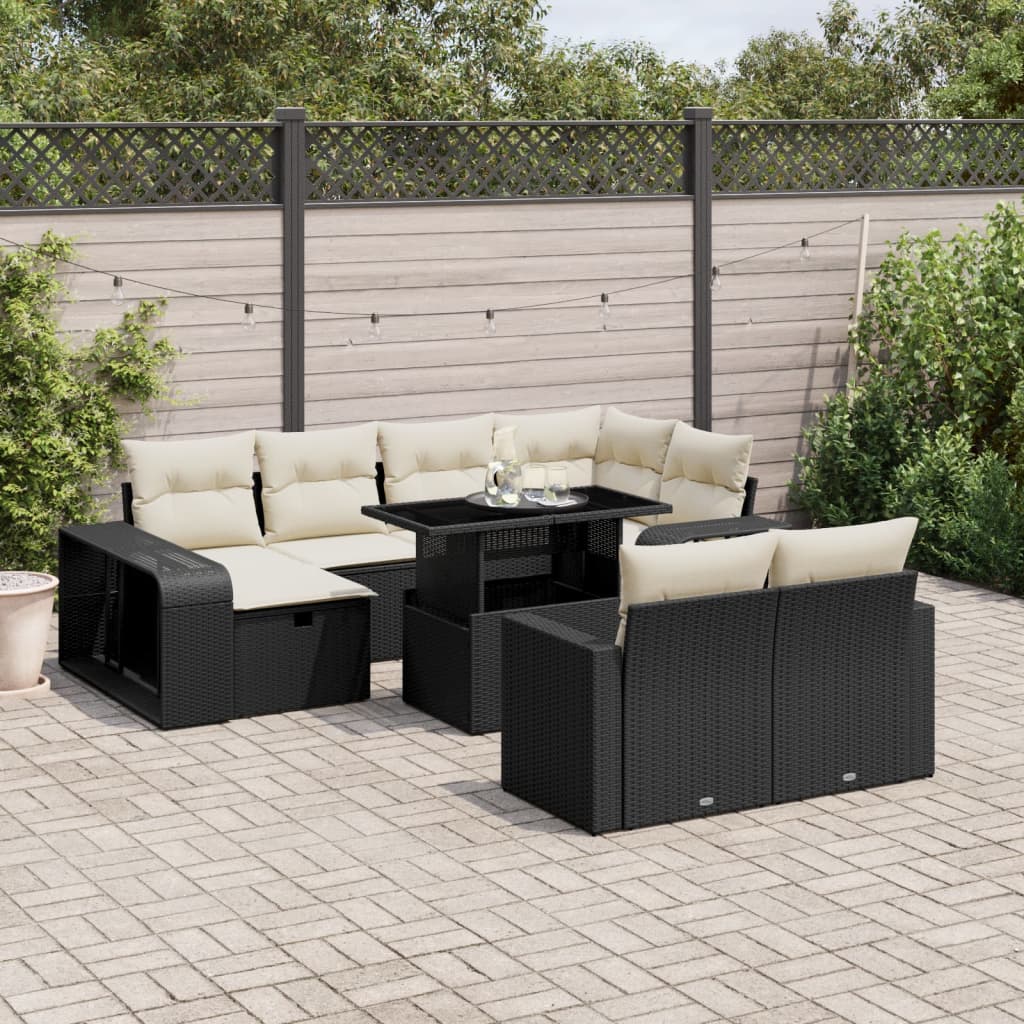 11-delige Loungeset met kussens poly rattan zwart