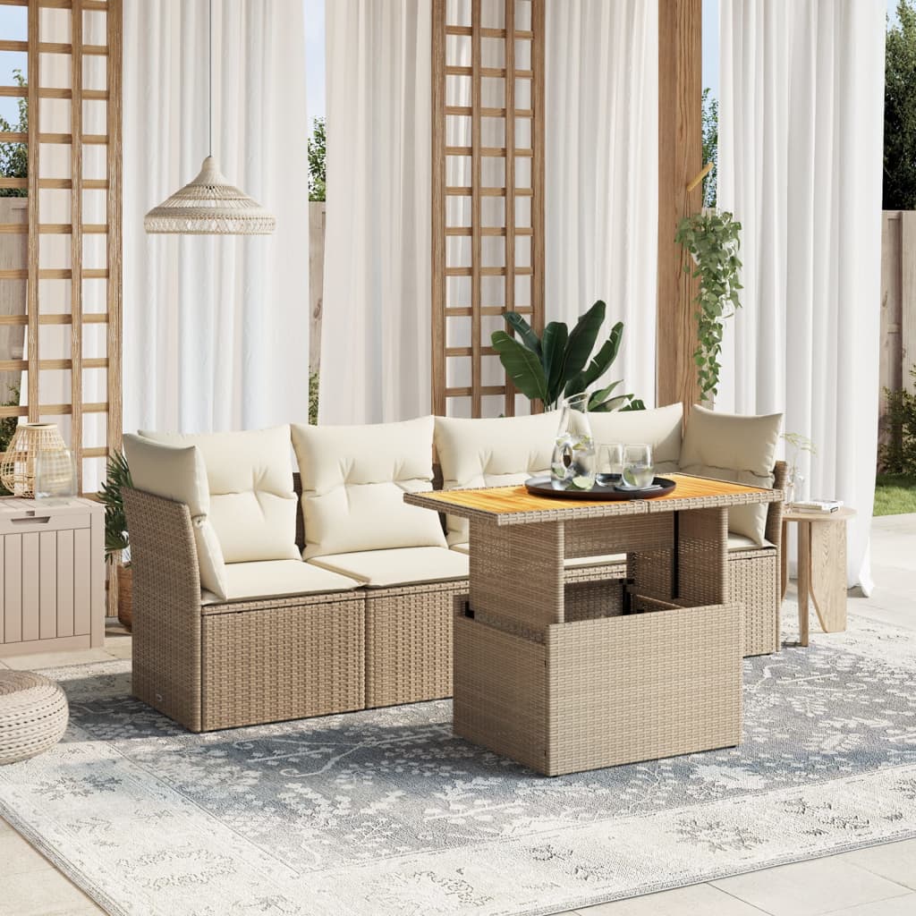 5-delige Loungeset met kussens poly rattan beige Tuinsets | Creëer jouw Trendy Thuis | Gratis bezorgd & Retour | Trendy.nl