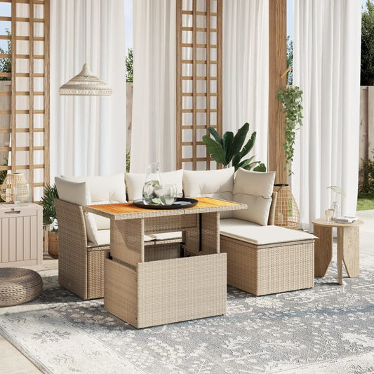 6-delige Loungeset met kussens poly rattan beige