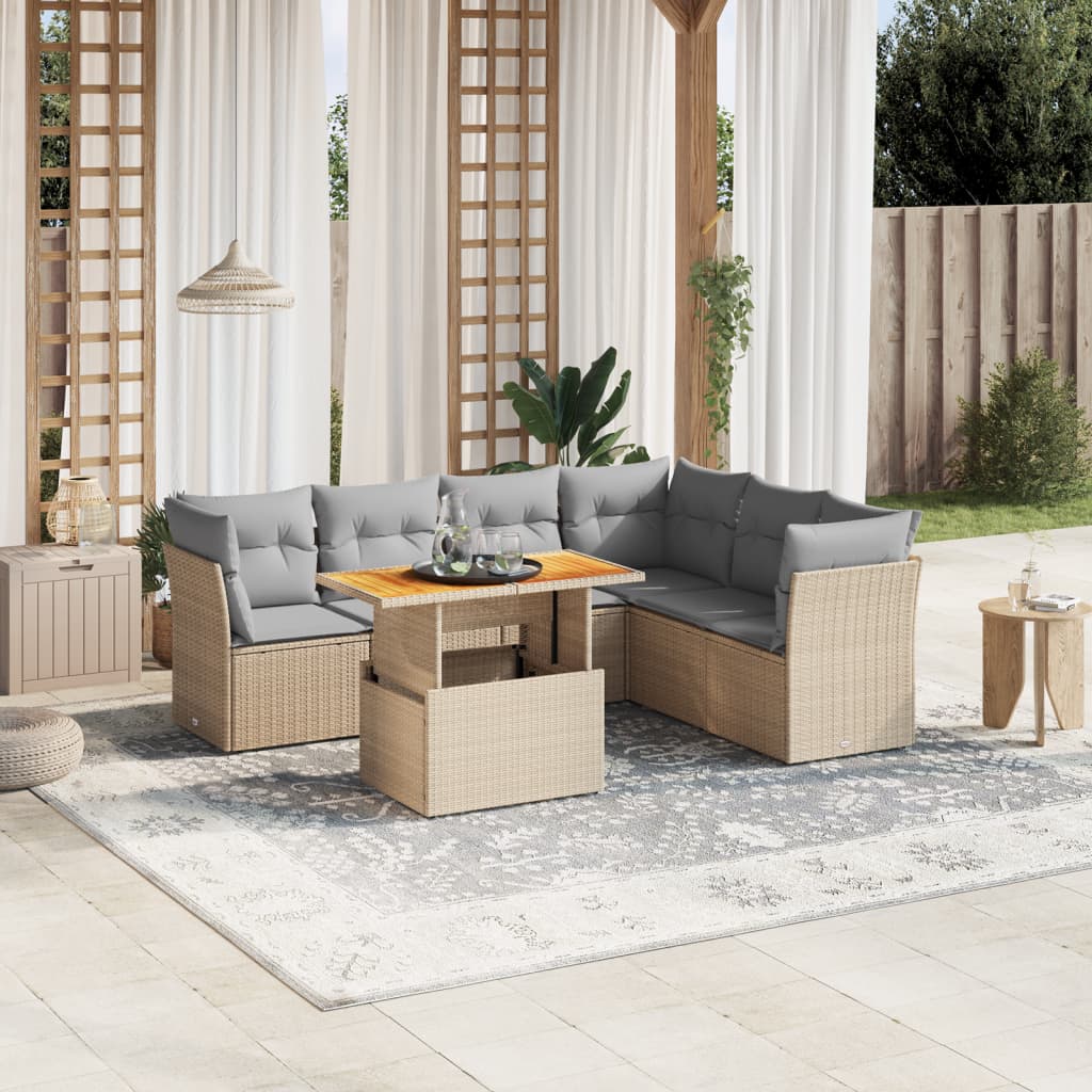 7-delige Loungeset met kussens poly rattan beige Tuinsets | Creëer jouw Trendy Thuis | Gratis bezorgd & Retour | Trendy.nl