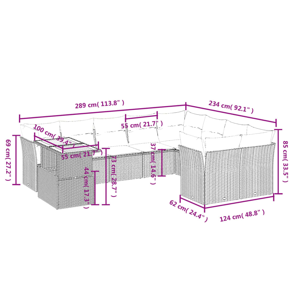 10-delige Loungeset met kussens poly rattan zwart Tuinsets | Creëer jouw Trendy Thuis | Gratis bezorgd & Retour | Trendy.nl