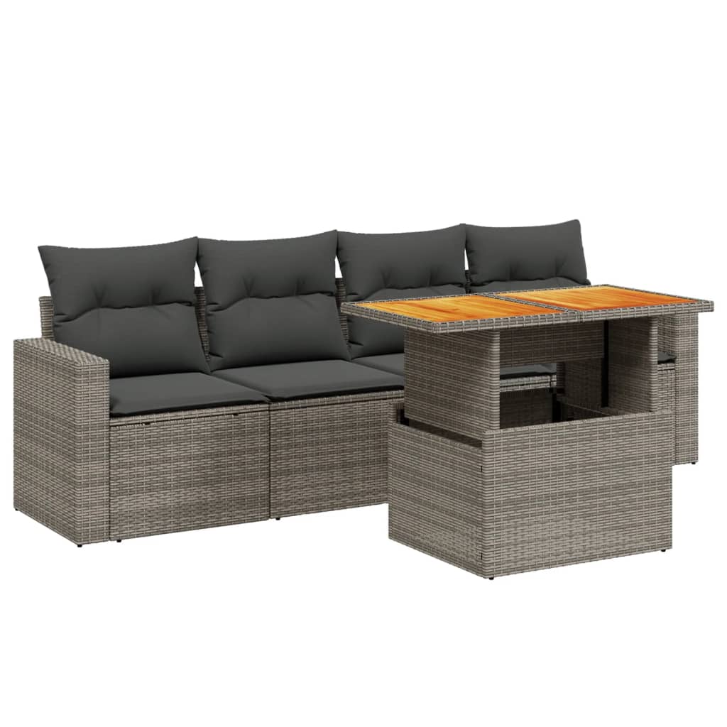 5-delige Loungeset met kussens poly rattan grijs