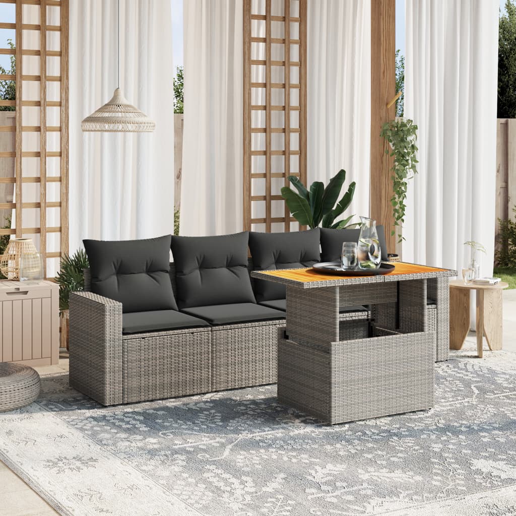 5-delige Loungeset met kussens poly rattan grijs