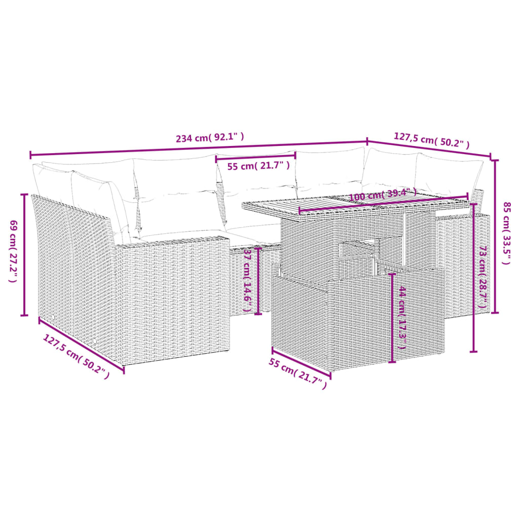 7-delige Loungeset met kussens poly rattan zwart Tuinsets | Creëer jouw Trendy Thuis | Gratis bezorgd & Retour | Trendy.nl