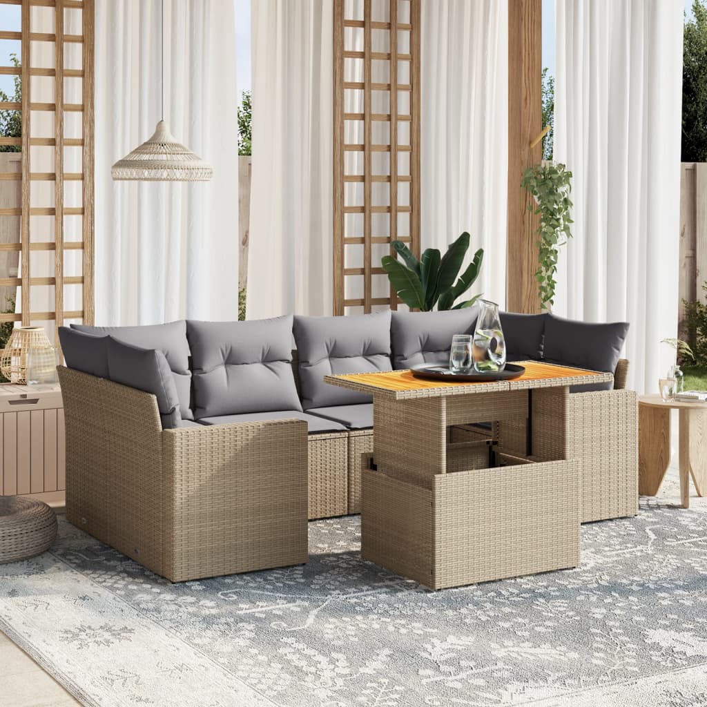 7-delige Loungeset met kussens poly rattan beige Tuinsets | Creëer jouw Trendy Thuis | Gratis bezorgd & Retour | Trendy.nl