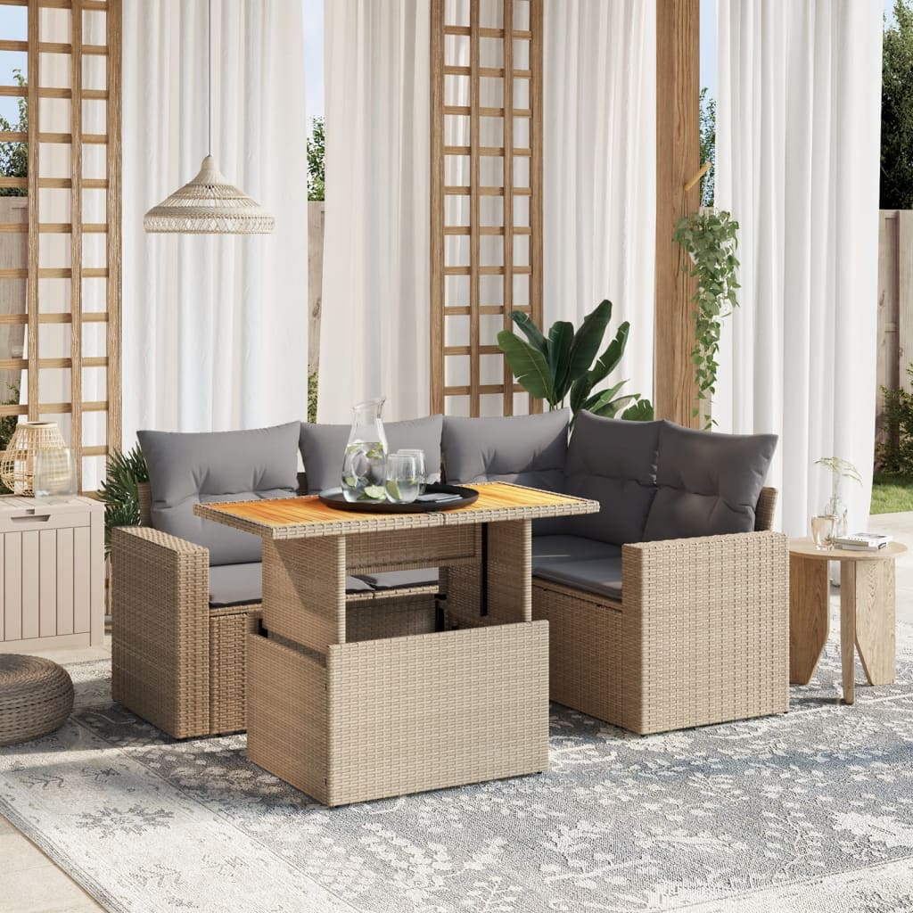 5-delige Loungeset met kussens poly rattan beige Tuinsets | Creëer jouw Trendy Thuis | Gratis bezorgd & Retour | Trendy.nl