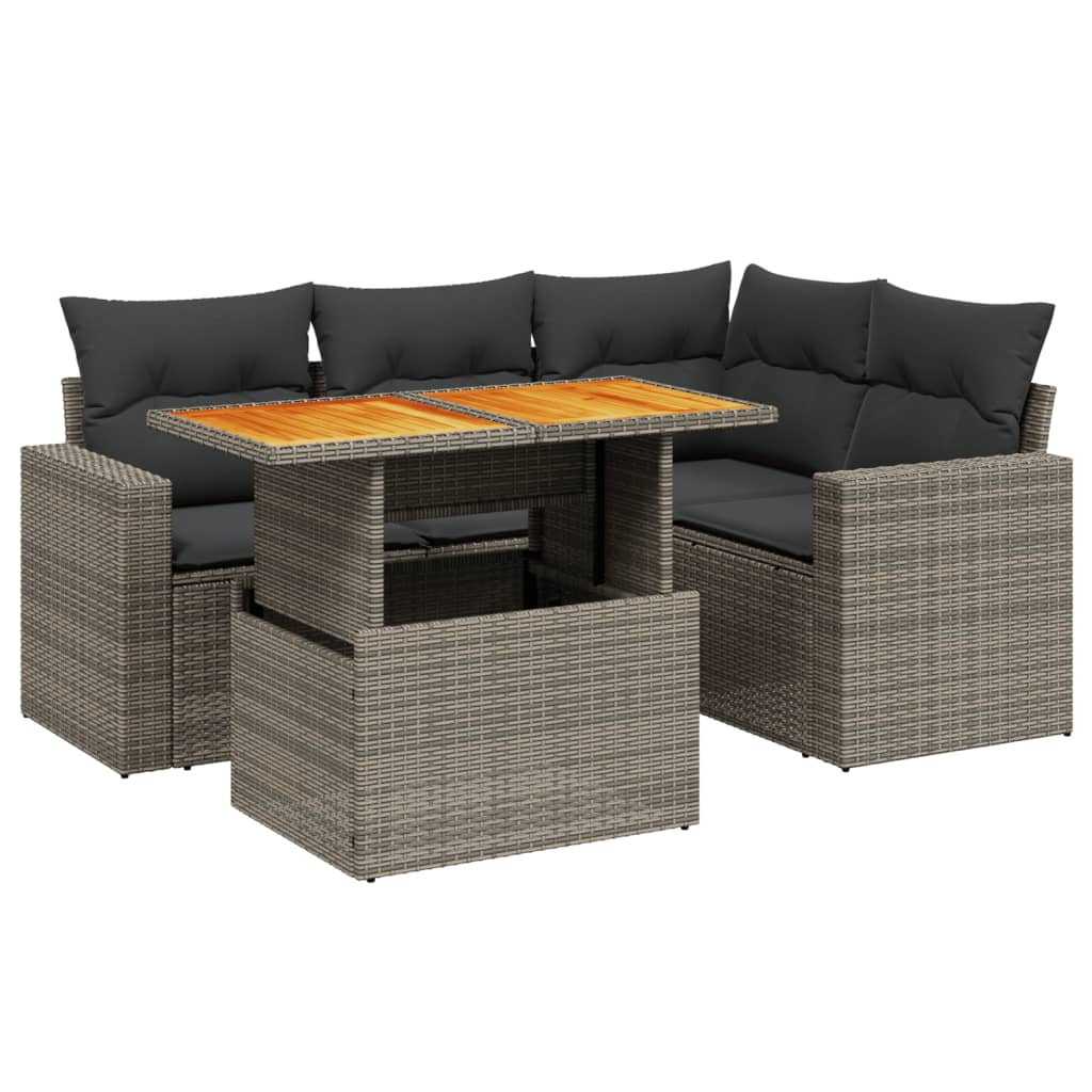 5-delige Loungeset met kussens poly rattan grijs