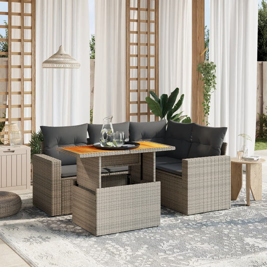 5-delige Loungeset met kussens poly rattan grijs