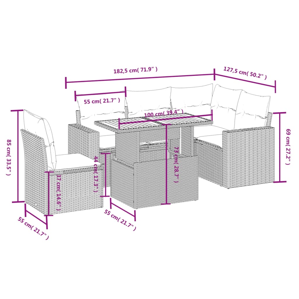 6-delige Loungeset met kussens poly rattan zwart Tuinsets | Creëer jouw Trendy Thuis | Gratis bezorgd & Retour | Trendy.nl