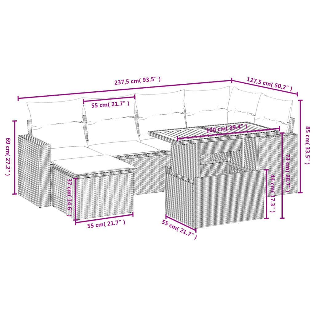 7-delige Loungeset met kussens poly rattan zwart Tuinsets | Creëer jouw Trendy Thuis | Gratis bezorgd & Retour | Trendy.nl