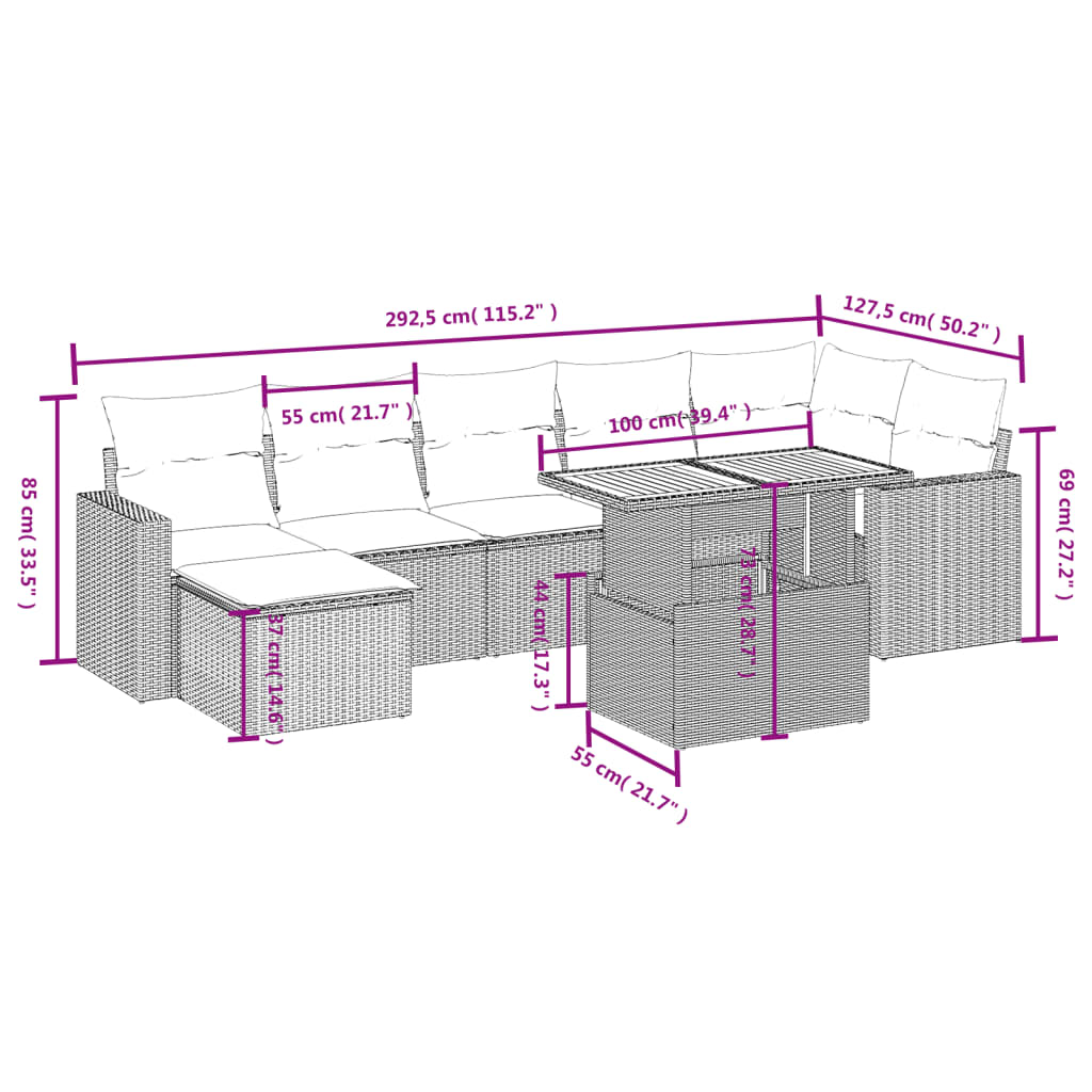 8-delige Loungeset met kussens poly rattan zwart Tuinsets | Creëer jouw Trendy Thuis | Gratis bezorgd & Retour | Trendy.nl