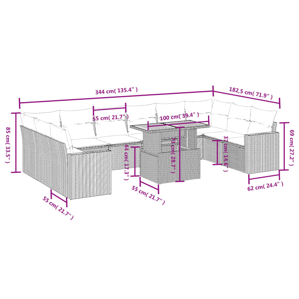 11-delige Tuinset met kussens poly rattan beige