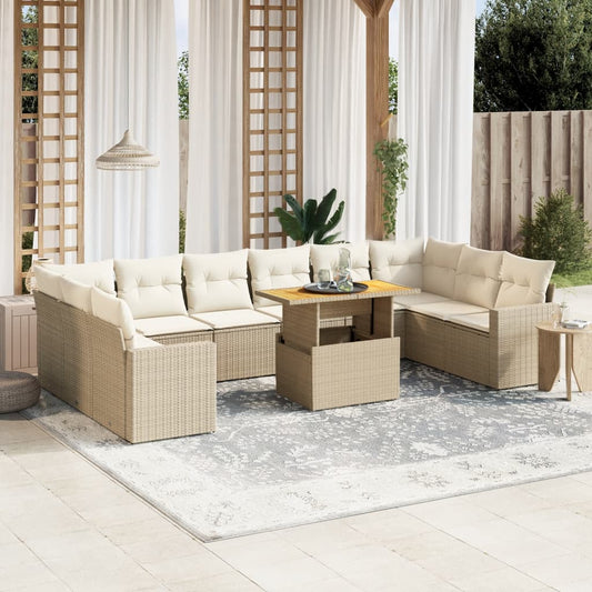 11-delige Tuinset met kussens poly rattan beige