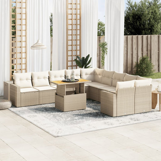 11-delige Tuinset met kussens poly rattan beige