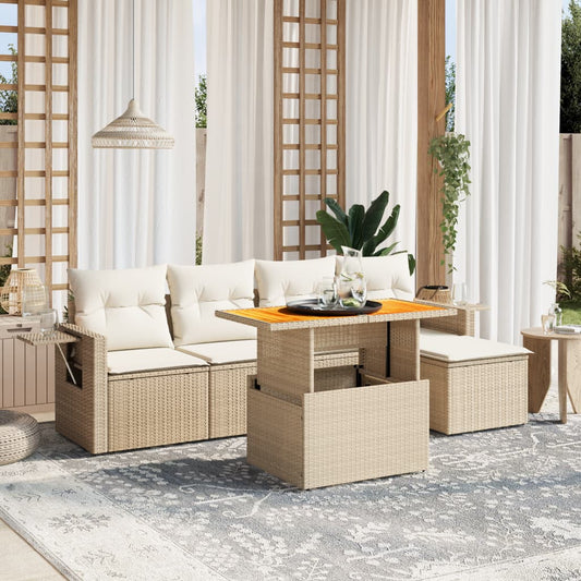 6-delige Loungeset met kussens poly rattan beige