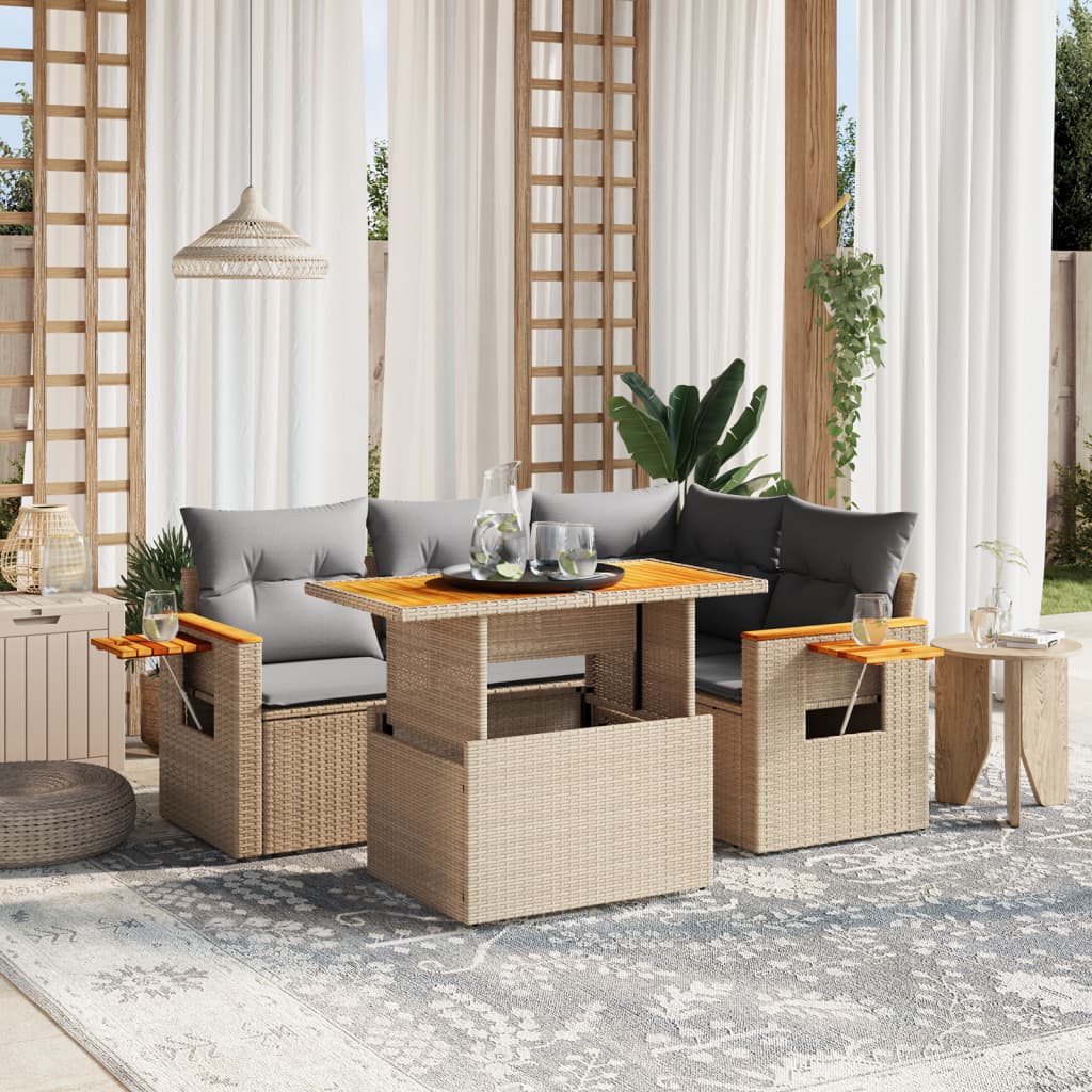 5-delige Loungeset met kussens poly rattan beige Tuinsets | Creëer jouw Trendy Thuis | Gratis bezorgd & Retour | Trendy.nl