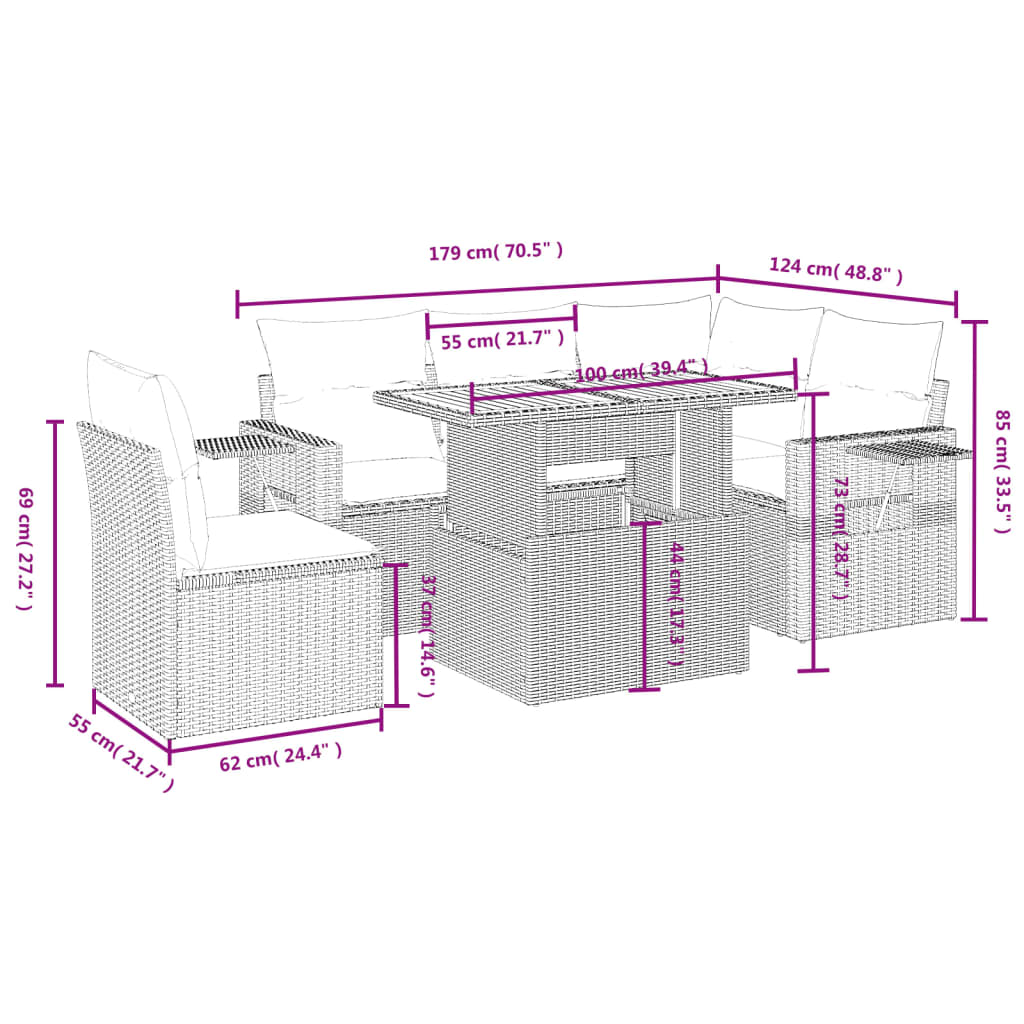 6-delige Loungeset met kussens poly rattan zwart Tuinsets | Creëer jouw Trendy Thuis | Gratis bezorgd & Retour | Trendy.nl