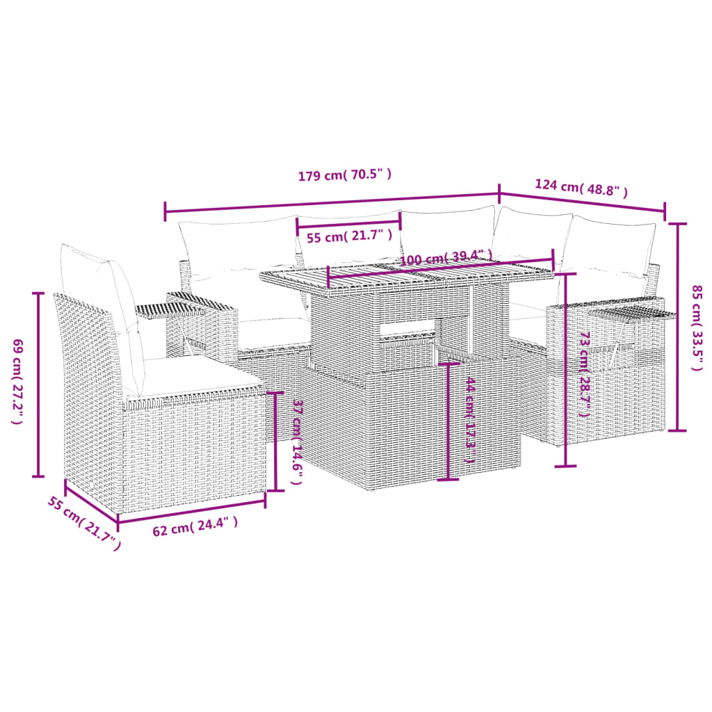 6-delige Loungeset met kussens poly rattan grijs Tuinsets | Creëer jouw Trendy Thuis | Gratis bezorgd & Retour | Trendy.nl