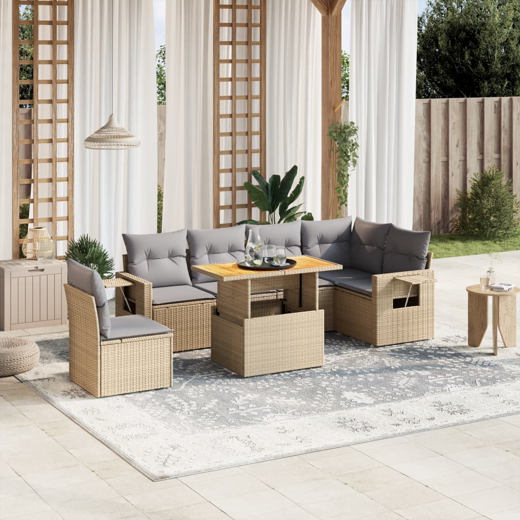 7-delige Loungeset met kussens poly rattan beige Tuinsets | Creëer jouw Trendy Thuis | Gratis bezorgd & Retour | Trendy.nl