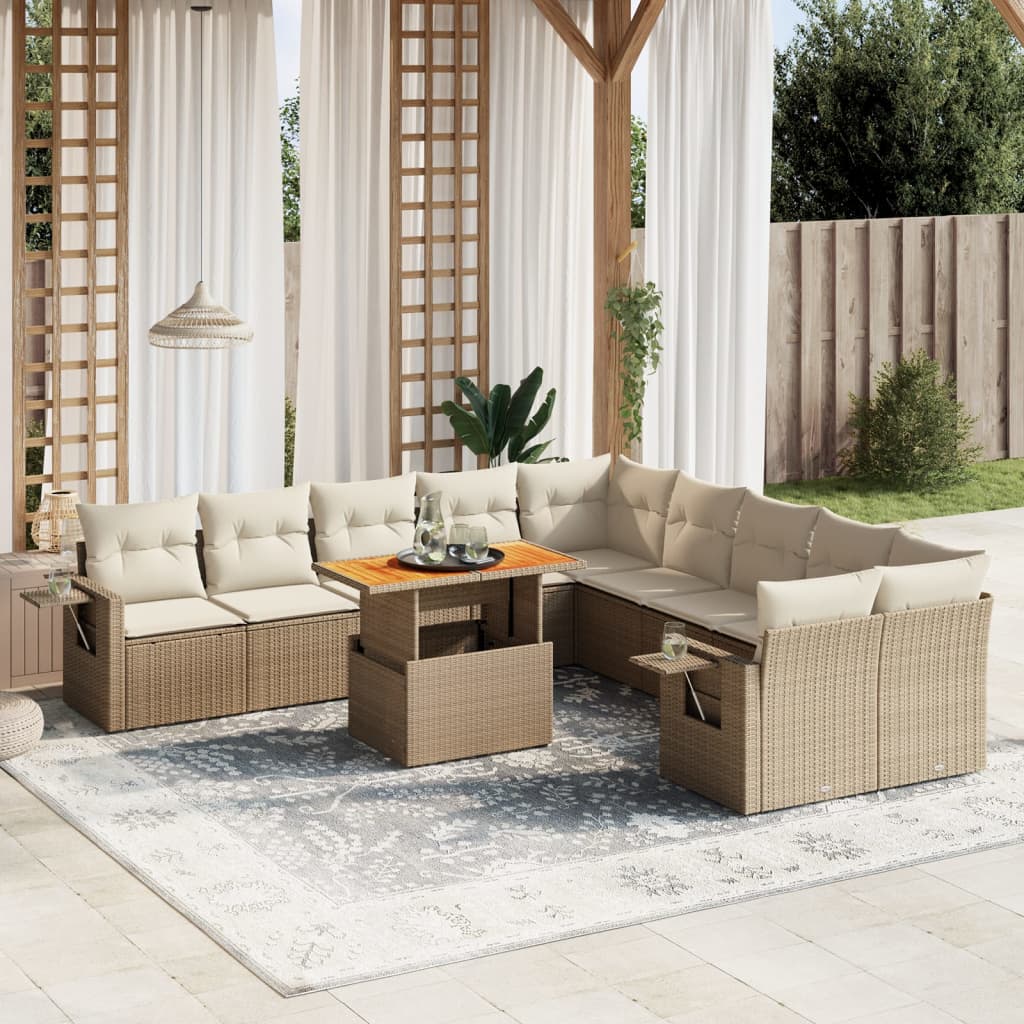 11-delige Tuinset met kussens poly rattan beige