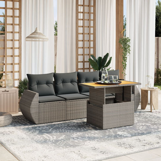 5-delige Loungeset met kussens poly rattan grijs