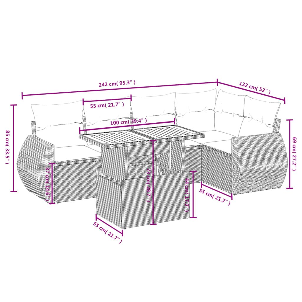 6-delige Loungeset met kussens poly rattan zwart Tuinsets | Creëer jouw Trendy Thuis | Gratis bezorgd & Retour | Trendy.nl