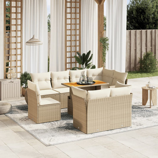 9-delige Loungeset met kussens poly rattan beige