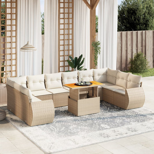 11-delige Tuinset met kussens poly rattan beige