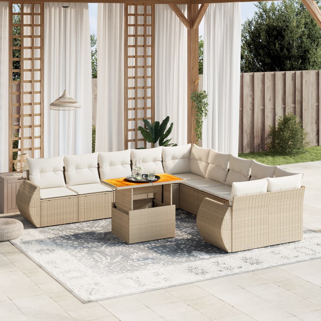 11-delige Tuinset met kussens poly rattan beige