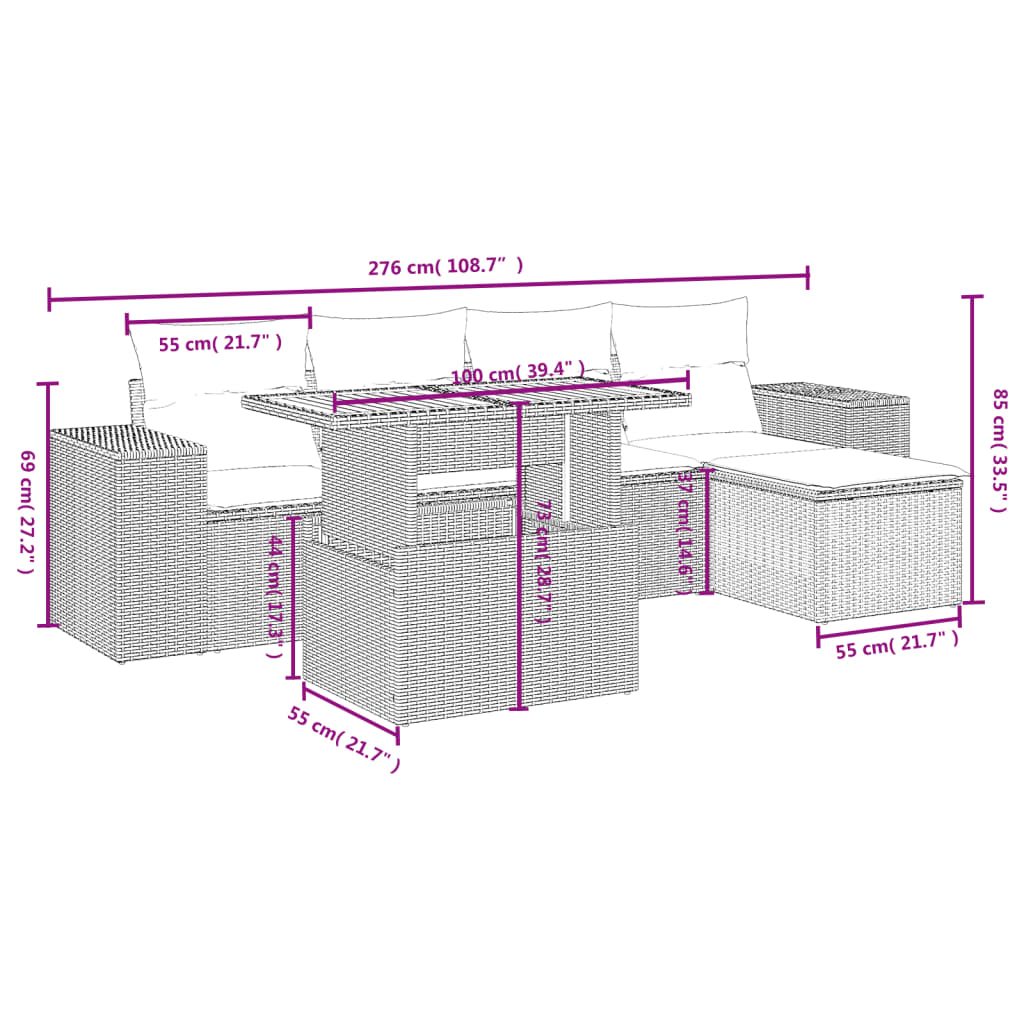 6-delige Loungeset met kussens poly rattan zwart Tuinsets | Creëer jouw Trendy Thuis | Gratis bezorgd & Retour | Trendy.nl