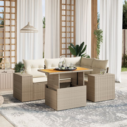 5-delige Loungeset met kussens poly rattan beige