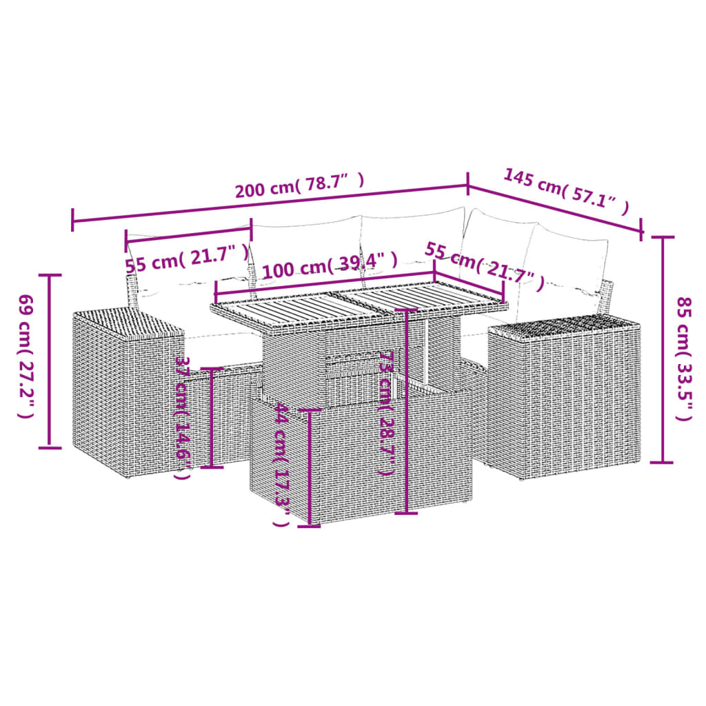 5-delige Loungeset met kussens poly rattan grijs Tuinsets | Creëer jouw Trendy Thuis | Gratis bezorgd & Retour | Trendy.nl