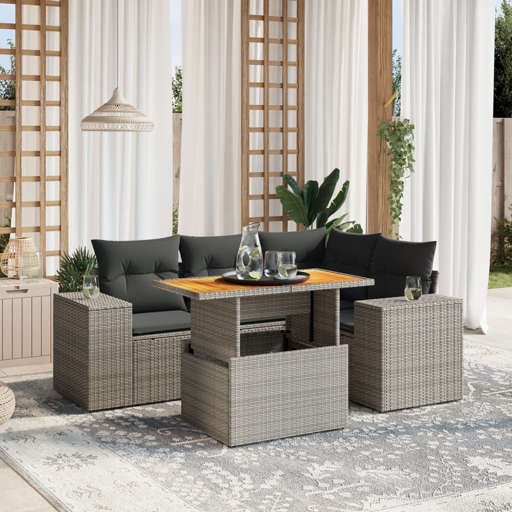 5-delige Loungeset met kussens poly rattan grijs Tuinsets | Creëer jouw Trendy Thuis | Gratis bezorgd & Retour | Trendy.nl