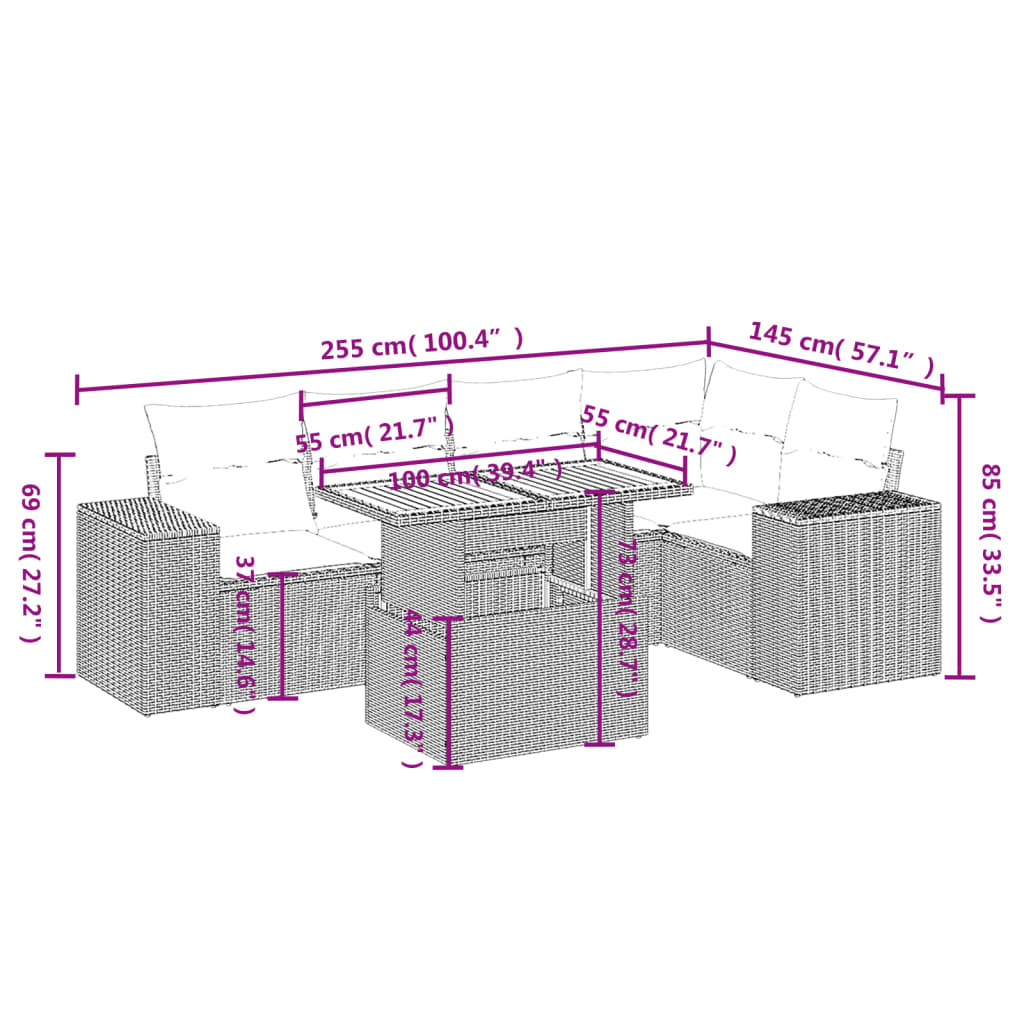 6-delige Loungeset met kussens poly rattan zwart Tuinsets | Creëer jouw Trendy Thuis | Gratis bezorgd & Retour | Trendy.nl