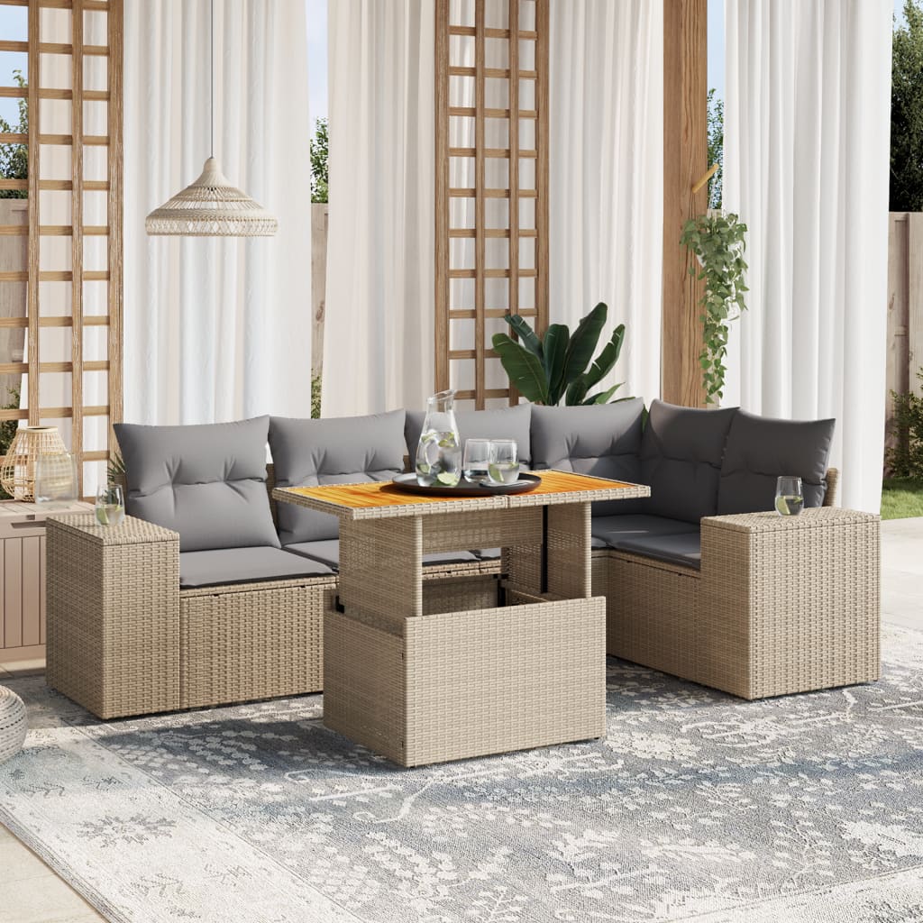 6-delige Loungeset met kussens poly rattan beige Tuinsets | Creëer jouw Trendy Thuis | Gratis bezorgd & Retour | Trendy.nl