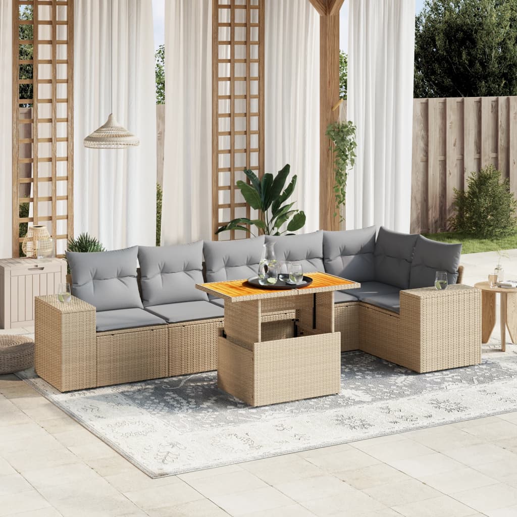 7-delige Loungeset met kussens poly rattan beige Tuinsets | Creëer jouw Trendy Thuis | Gratis bezorgd & Retour | Trendy.nl