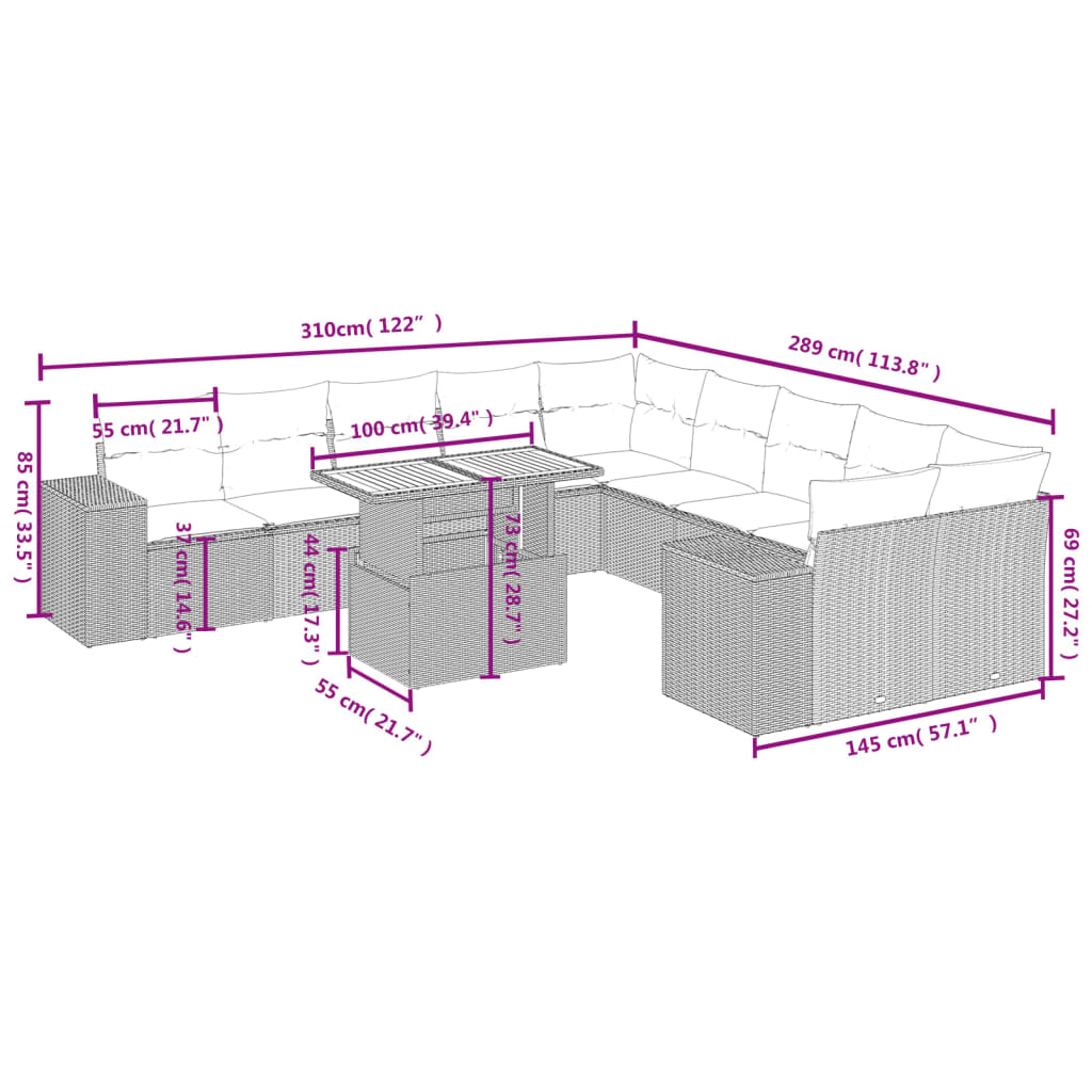 11-delige Tuinset met kussens poly rattan beige