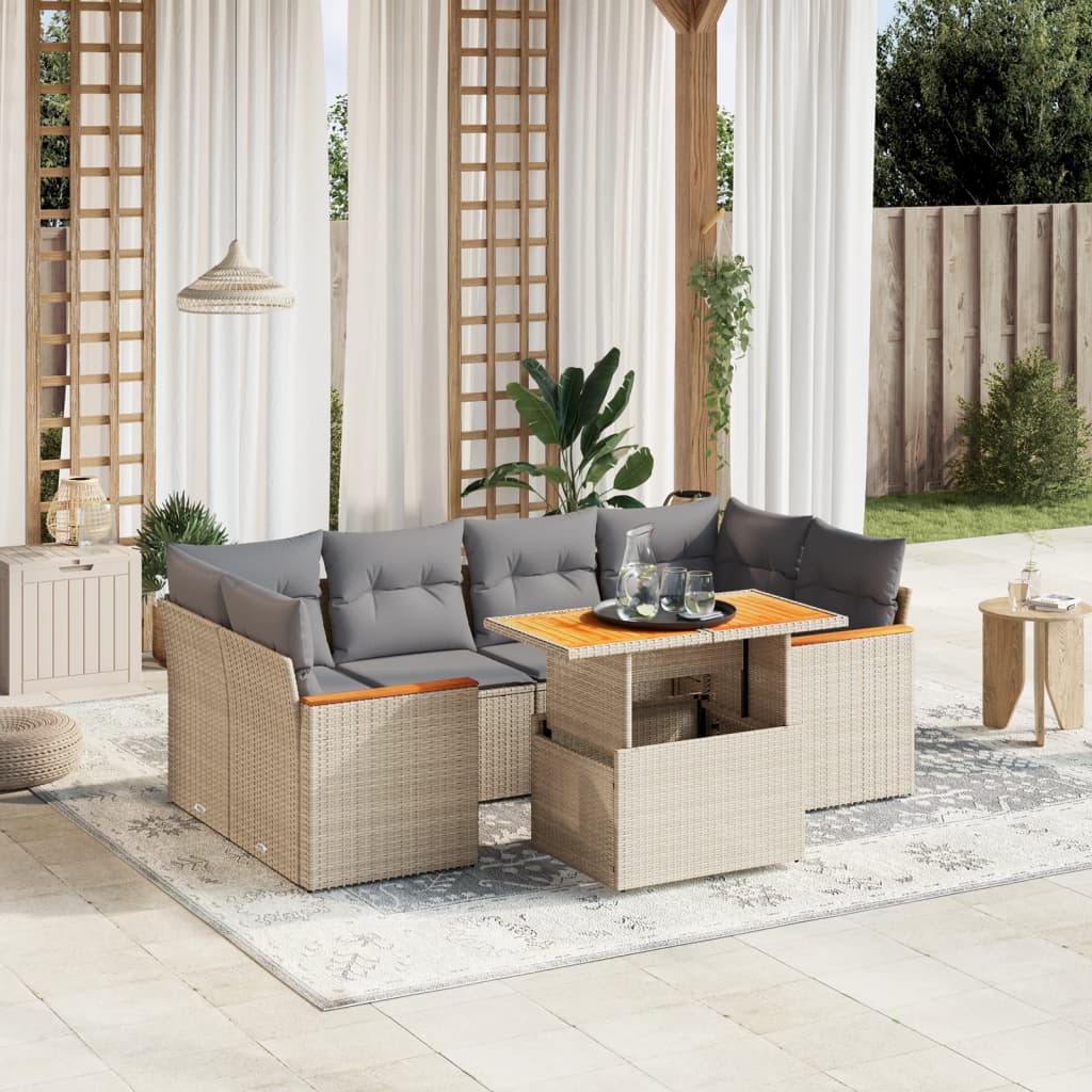 7-delige Loungeset met kussens poly rattan beige Tuinsets | Creëer jouw Trendy Thuis | Gratis bezorgd & Retour | Trendy.nl