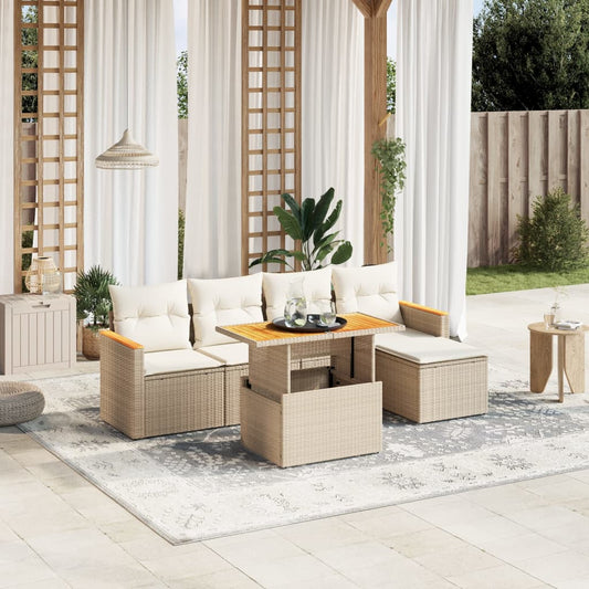 6-delige Loungeset met kussens poly rattan beige