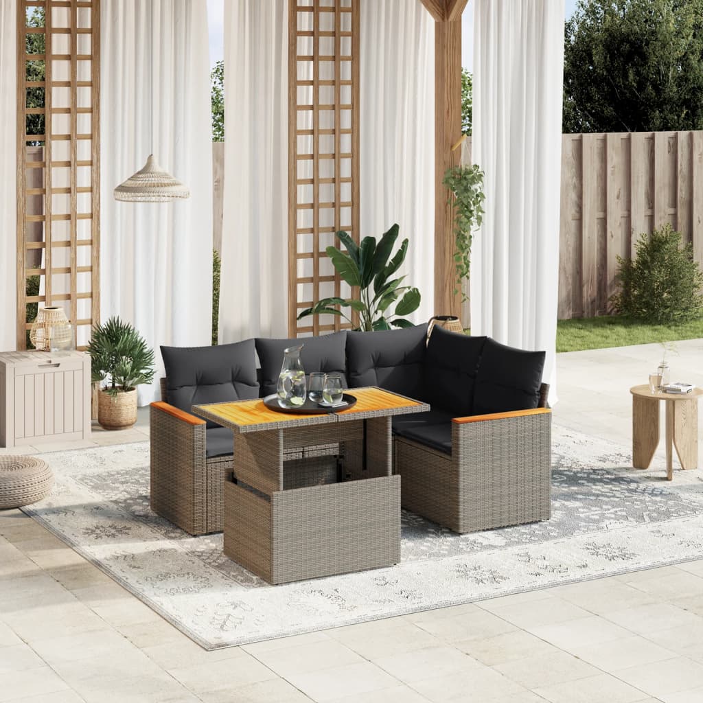 5-delige Loungeset met kussens poly rattan grijs Tuinsets | Creëer jouw Trendy Thuis | Gratis bezorgd & Retour | Trendy.nl