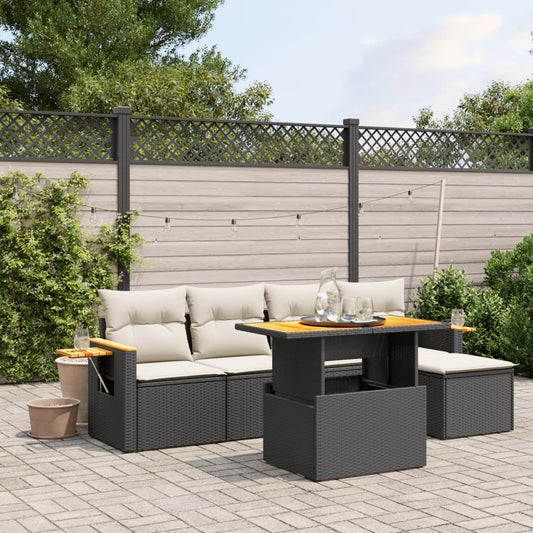 6-delige Loungeset met kussens poly rattan zwart