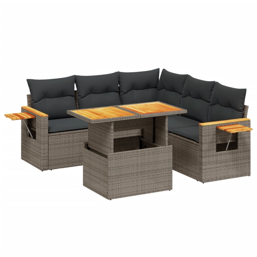 6-delige Loungeset met kussens poly rattan grijs